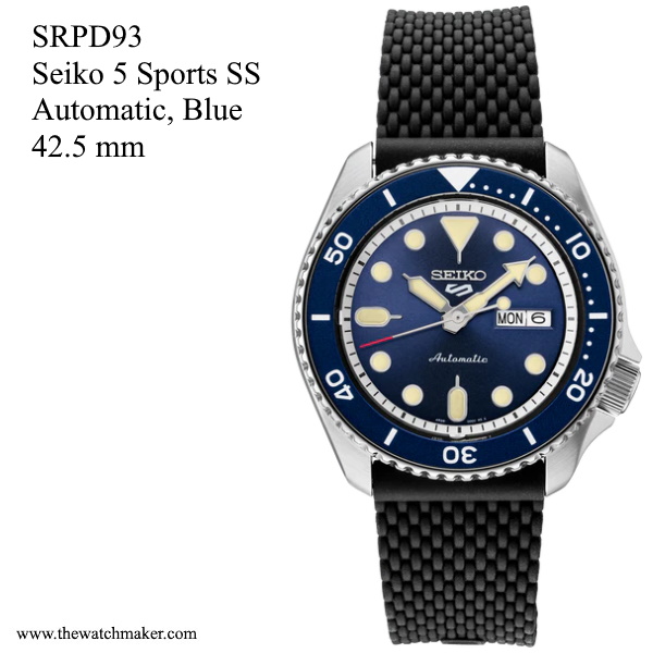 SRPD93 Seiko 5 Sports SS Automatic, Blue Dial, Silicone Strap, 22mm - The  Watchmaker