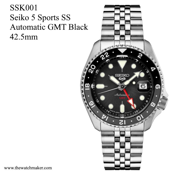SSK001 Seiko 5 Sports SS Automatic GMT, Black Dial, Metal Bracelet, 22mm -  The Watchmaker