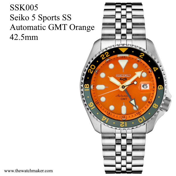 SSK005 Seiko 5 Sports SS Automatic GMT, Orange Dial, Metal Bracelet, 22mm -  The Watchmaker