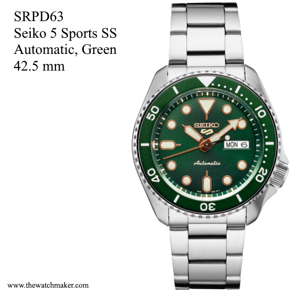SRPD63 Seiko 5 Sports SS Automatic, Green Dial, Metal Bracelet, 22mm - The  Watchmaker
